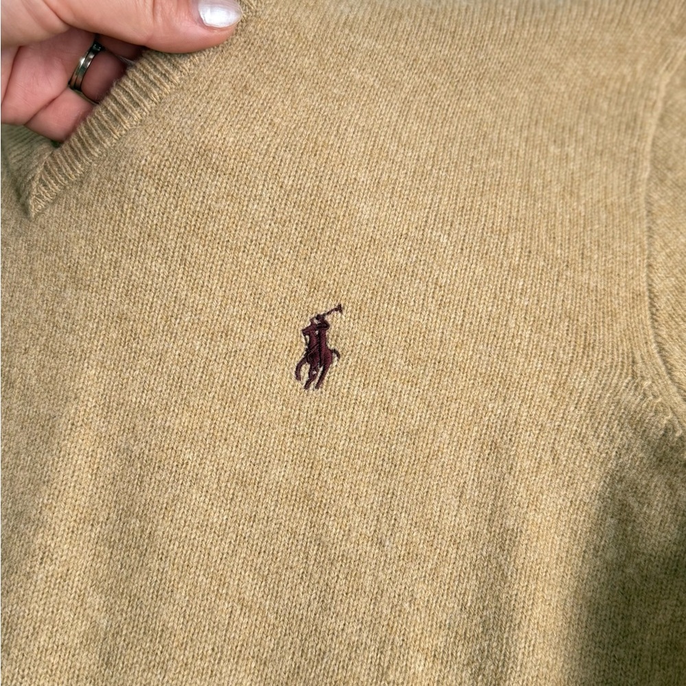 Polo Ralph Lauren 100% Lambswool V-Neck Sweater – Tan/Camel – Size L - Picture 5 of 9
